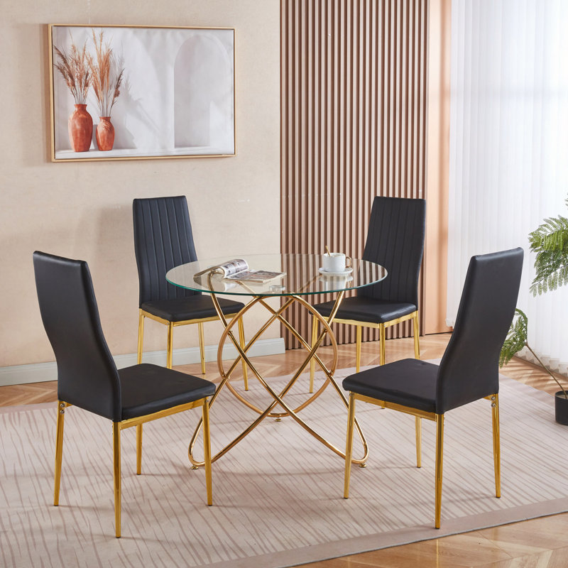 Ensemble de salle à manger 5 pièces, table de salle à manger à pieds en métal pour 4 à 6 personnes avec plateau en verre, table de salle à manger à piédestal, table basse de loisirs