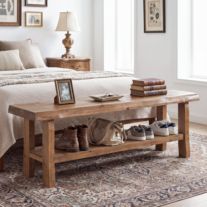 Farmhouse Solid Wood Bedroom Bench, 2-Tier Rustic Bed End Bench With Lower Storage Shelf, Light Brown