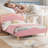 Queen Size Upholstered LED Bed Frame with Adjustable Headboard and Footboard Velvet Princess Platform Bedframe for Kids Girls Wooden Slats Support No Box Spring Needed Easy Assembly Pink-682560427-682560437