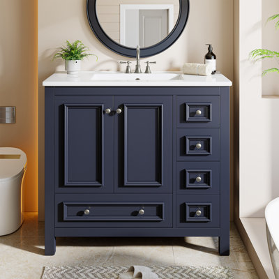36" Solid Wood Frame Freestanding Bathroom Vanity with Sink, Door Organizer