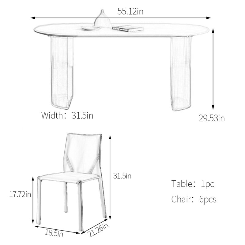 Ensemble de table de salle à manger en pierre frittée blanche, H 29,53 po x L 55,12 po x l 31,5 po