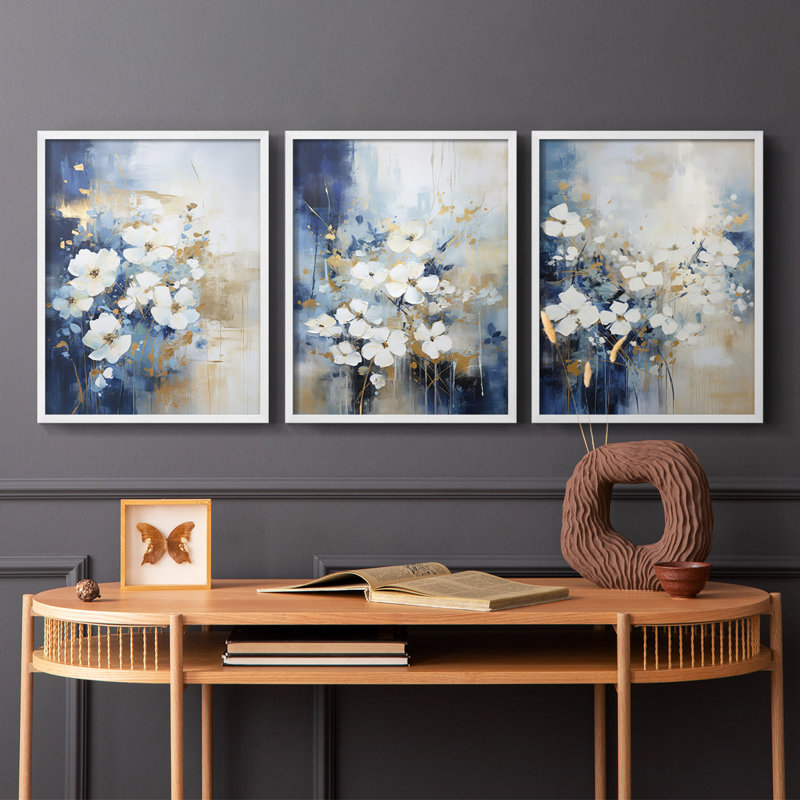 Étude florale série XCI - ensemble de 3 estampes giclées encadrées - prêt à être accroché, Blanc, H 14 po x l 33 po