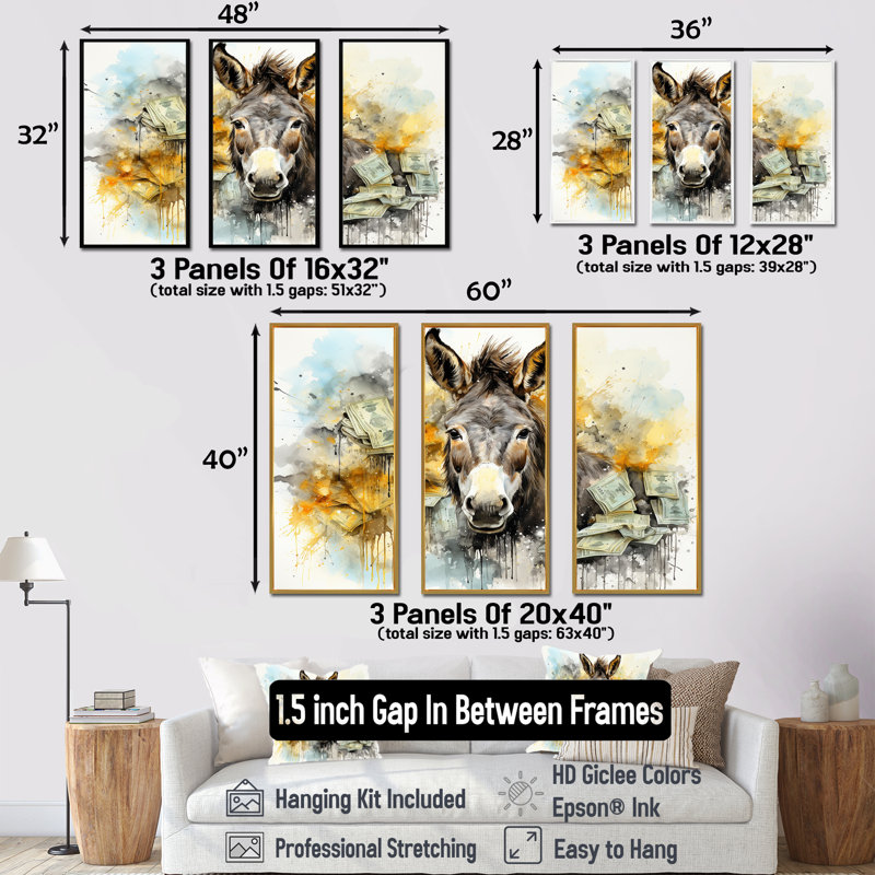 «Yellow Donkey Absurdity II - Donkey», art mural, Cadre flottant brun, H 28 po x l 36 po