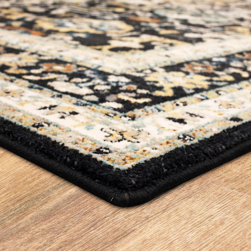 Black and Ivory Floral Motif Viscose Rectangle Area Rug