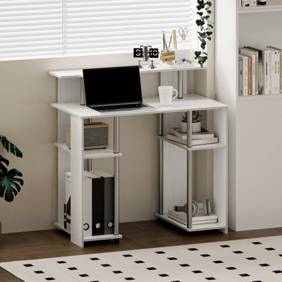 Bureau d'ordinateur compact avec tablette surélevée et rangement ouvert pour petit bureau à domicile, chêne blanc / acier inoxydable
