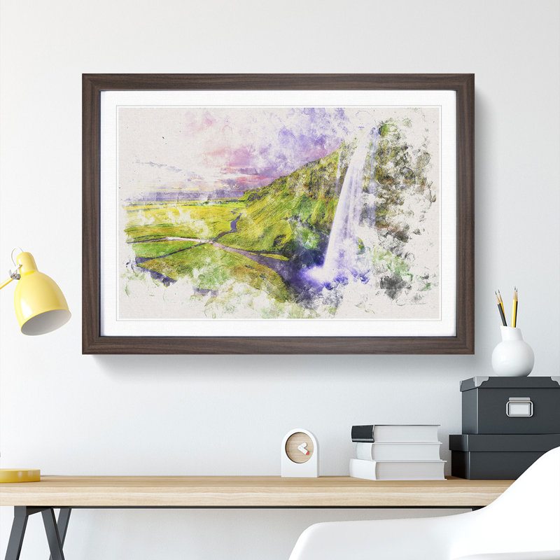 Seljalandsfoss Waterfall Iceland - Picture Frame Painting Print, 62cm H x 87cm W x 2cm D, Walnut Framed