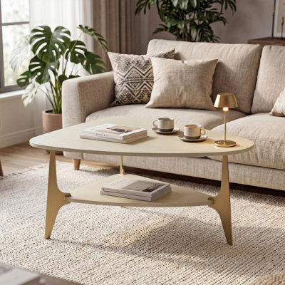 Table basse 33,46 po avec tablettes de rangement à 2 niveaux et trois pieds en fer massif pour le salon, la chambre à coucher et le bureau