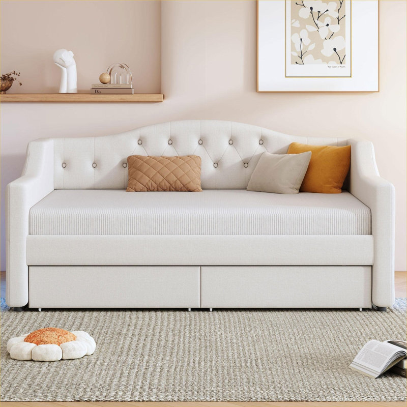 Linen Upholstered Twin XL Daybed With LED Lighting Two Under-Bed Storage Drawers Solid Wood Frame Soft Beige, Brown