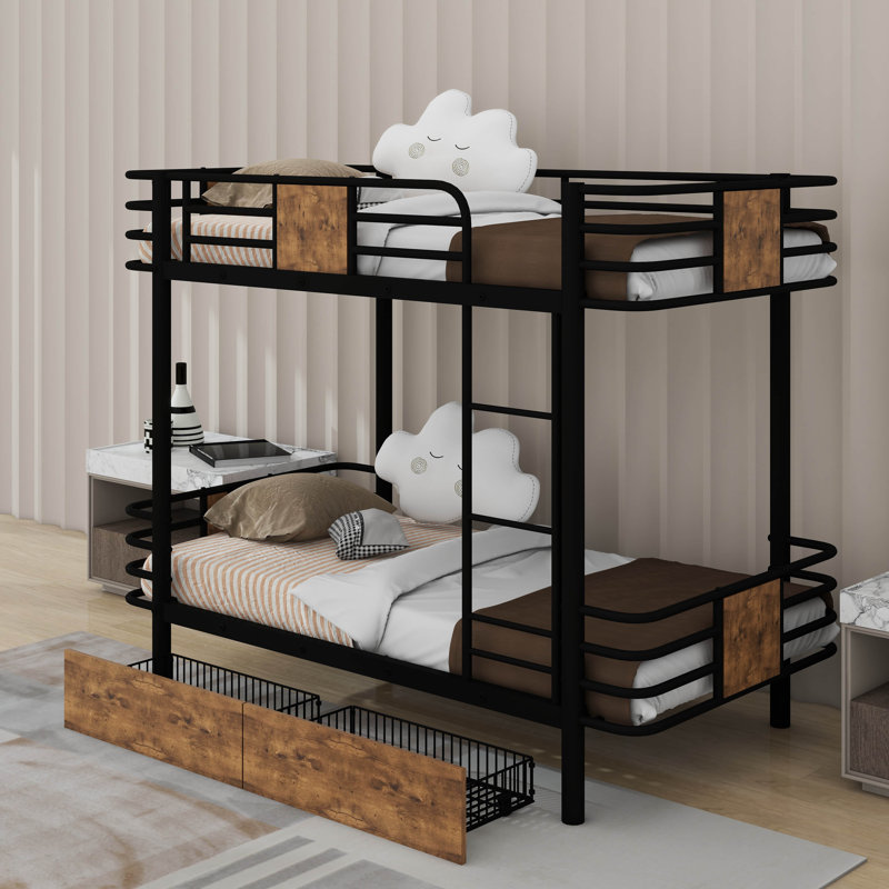 Twin XL Over Twin XL Metal Bunk Bed With Drawers, Black
