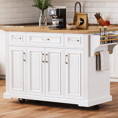 54-inch Large Kitchen Island with Rubber Wood Drop Leaf, Embossed Texture, and Ample Storage on 4 Wheels, Ideal for Modern and Farmhouse Kitchens by Lark Manor