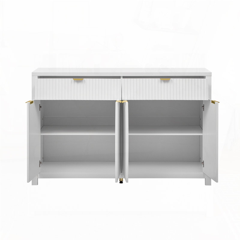 Modern Wave-Pattern Console Table with 2 Drawers and 4 Doors, White