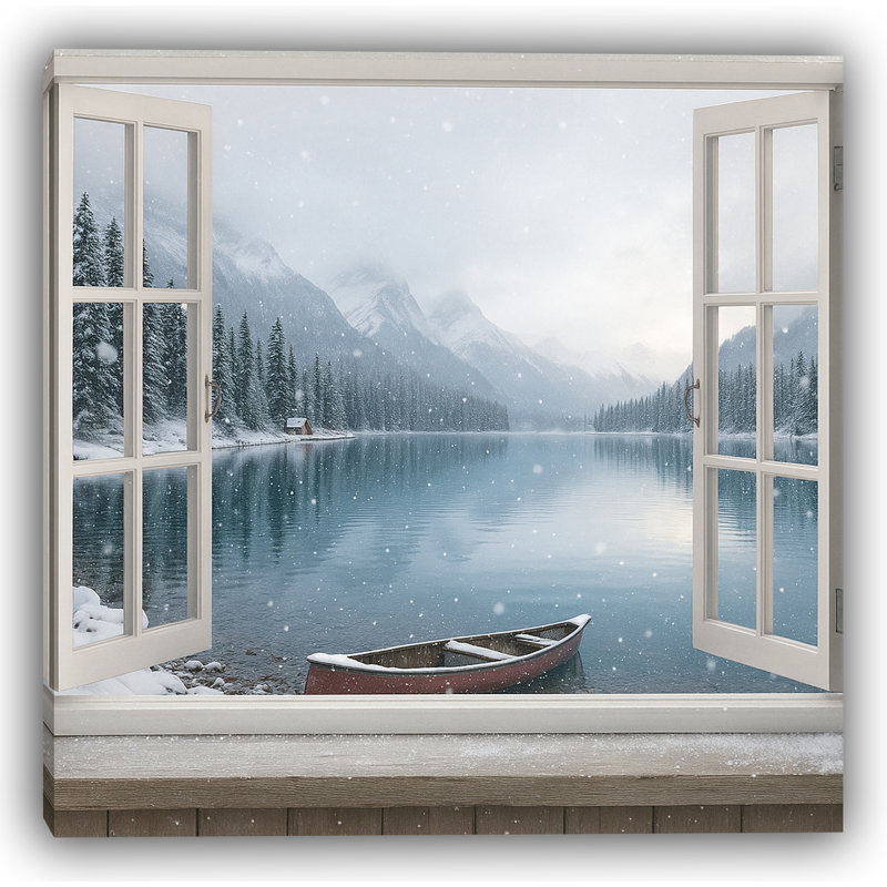 Chutes de neige au bord du lac - canot d'hiver et reflet du pin