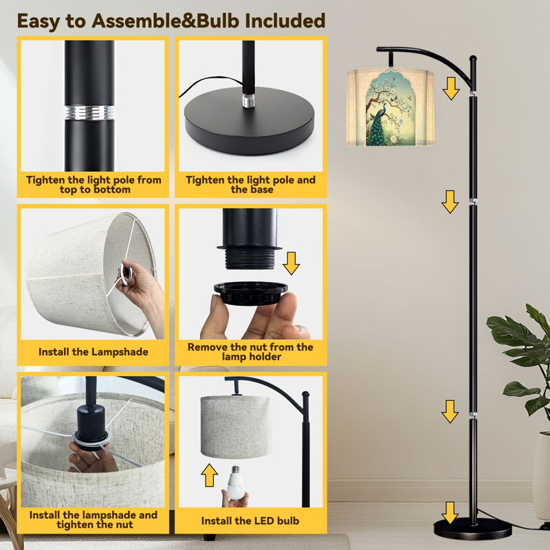 Arc Floor Lamp chinoiserie style peacock peonies golden Mughal Arch watercolor Floor Lamps with Remote LED Lights Adjustable Lamp Shades Tall Standing Lamps for Reading Office Living Room