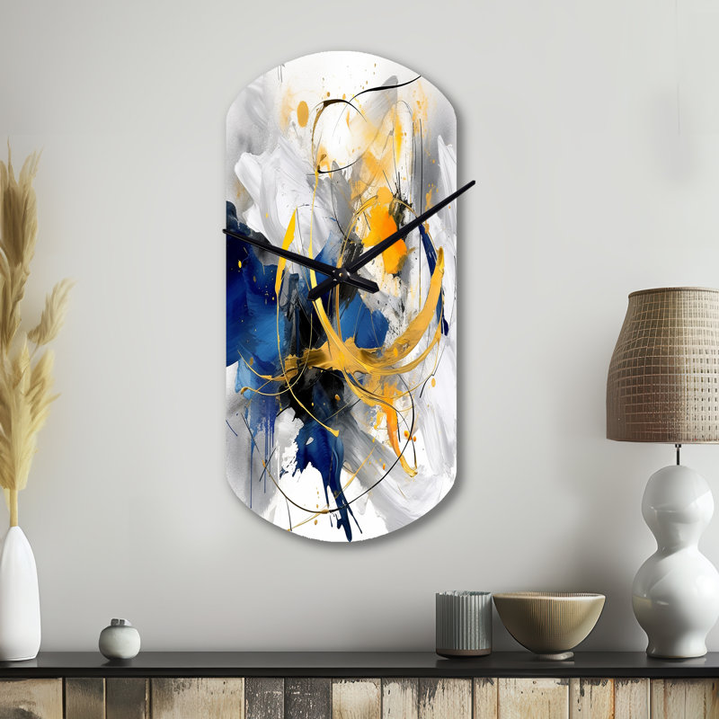 Horloge murale moderne à forme libre, bleu foncé et or Stroke, Grand