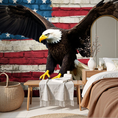 Peel and Stick Wallpaper Bald Eagle Flight Wings Spread Grunge American Flag Wall Murals 69"H x 96"W Removable PVC Wall Paper Self-Adhesive Wall Decor