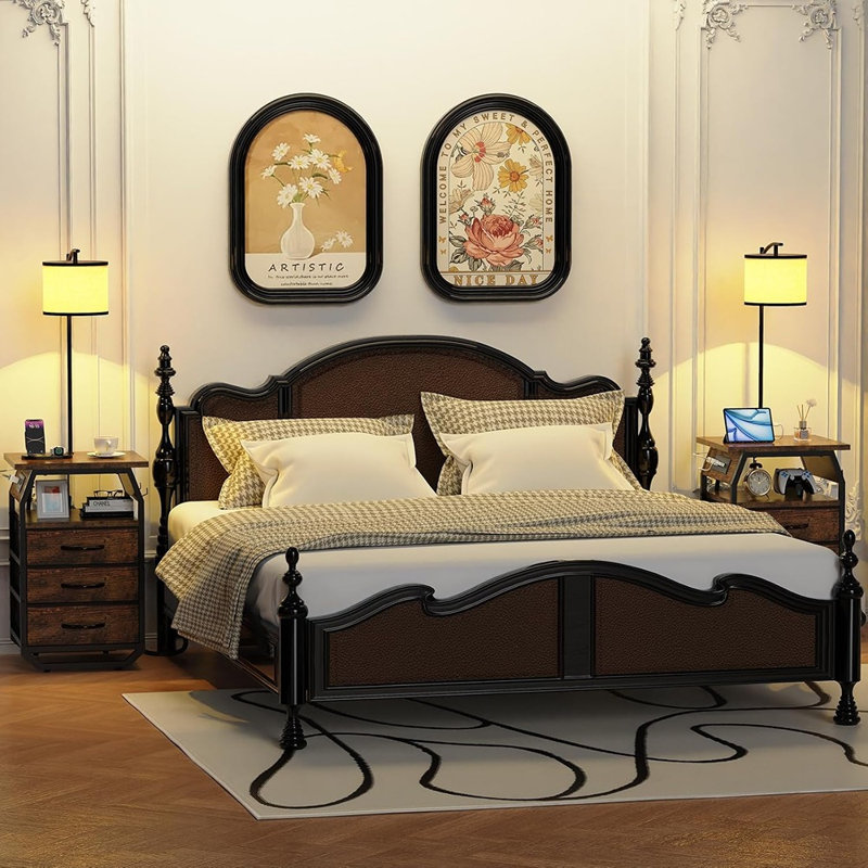 Lot de 2 lampadaires avec tables d'appoint, lampes intégrées et bornes de recharge, brun