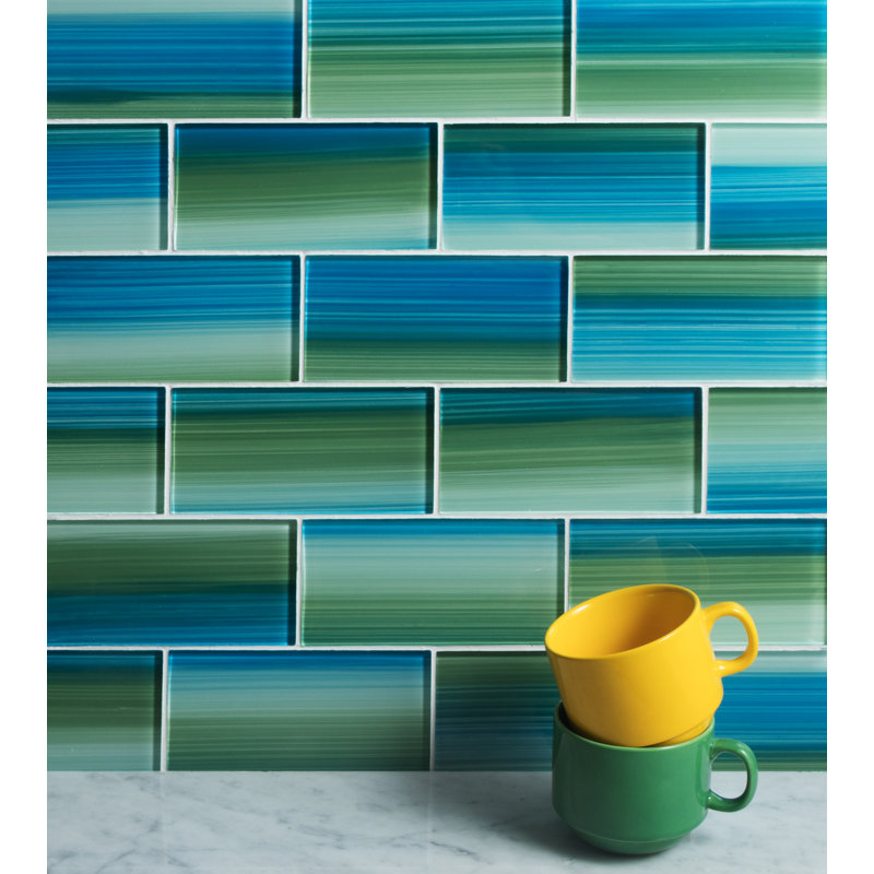 Premium Hand Painted 3" x 6" Straight Edge Glass Mosaic Subway Tile, Blue/Green
