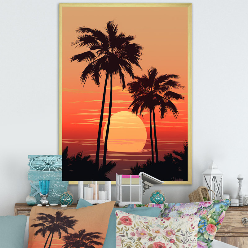 Palmier crépuscule tangerine au coucher du soleil I, H 40 po x l 30 po x P 1,5 po, Cadre doré simple