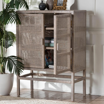 bali & pari Natural Rattan Storage Cabinet - 3-Tier Handwoven Wicker Accent Cabinet with Double Doors and Elevated Base, French Grey