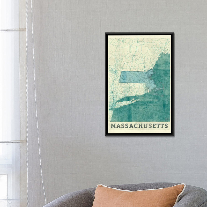 « massachusetts map », reproduction d’impression sur toile, H 26 po x l 18 po x P 1,5 po, Toile avec cadre noir, Pas de tapis