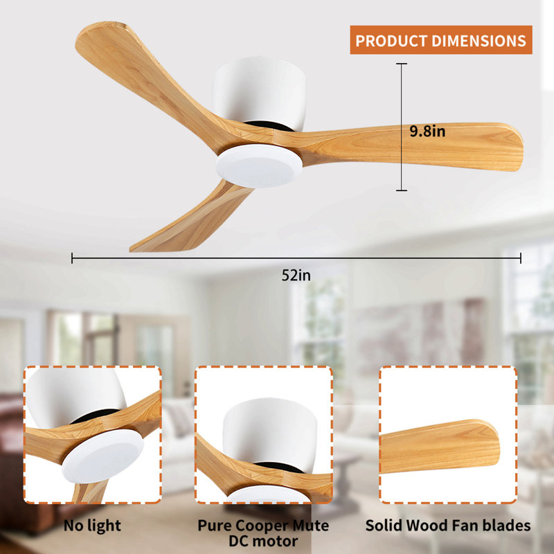 52 Inch Ceiling Fan No Light With Remote Control, Low Profile Flush Mount Ceiling Fan Without Light,Noiseless Reversible Dc Motor With Timer