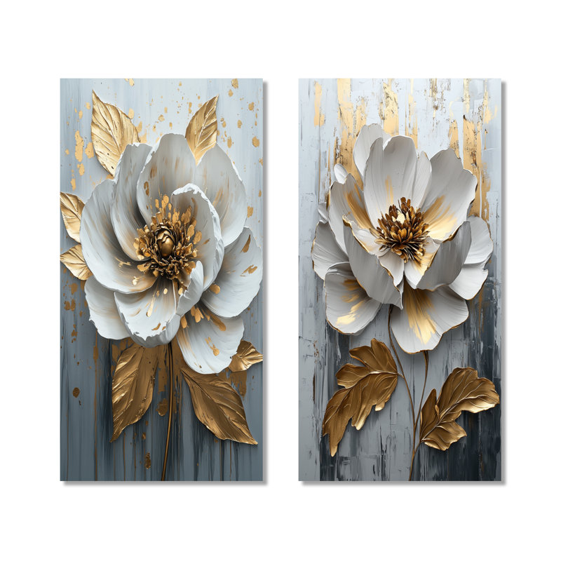 Ensemble de 2 pièces d'art mural pivoine blanche et dorée, H 28 po x l 24 po, Toile tendue