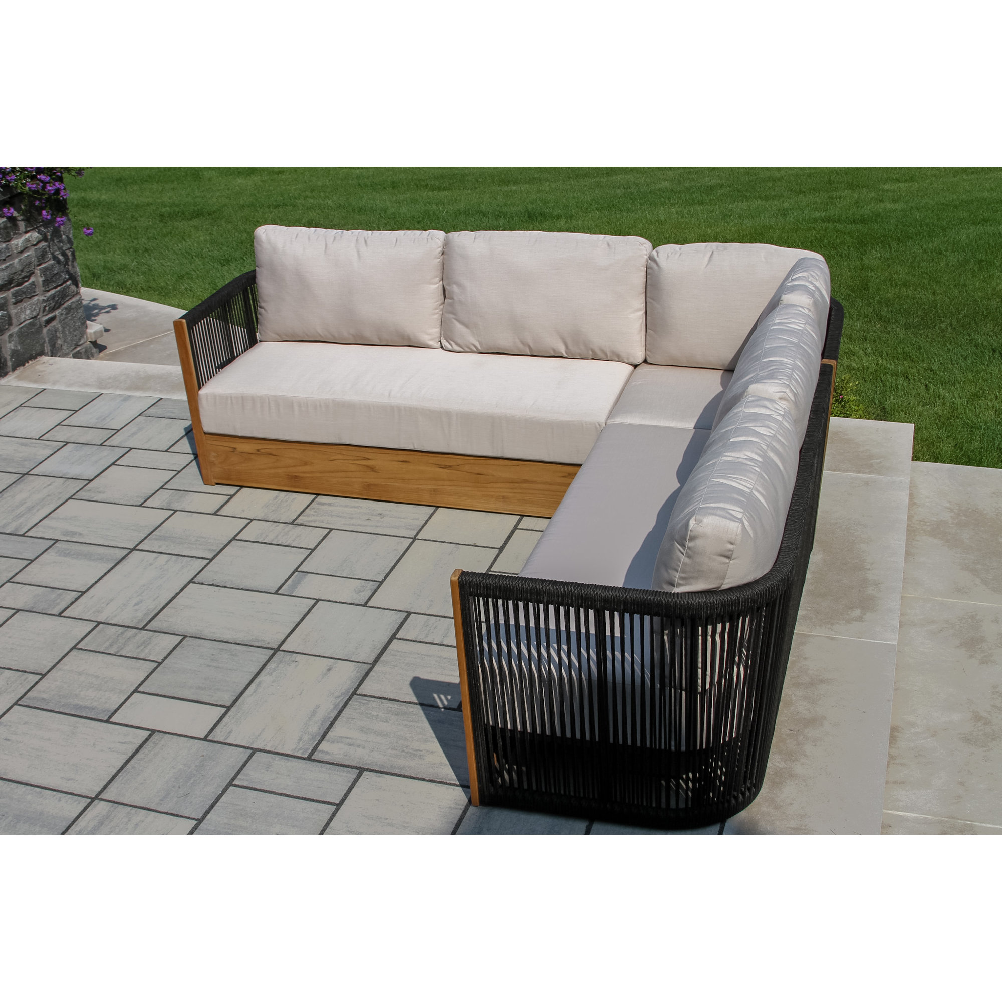 Aniston 5 Pc Teak & Black Rope Outdoor Seating Set With Swivel Chairs And Sunbrella Cushions