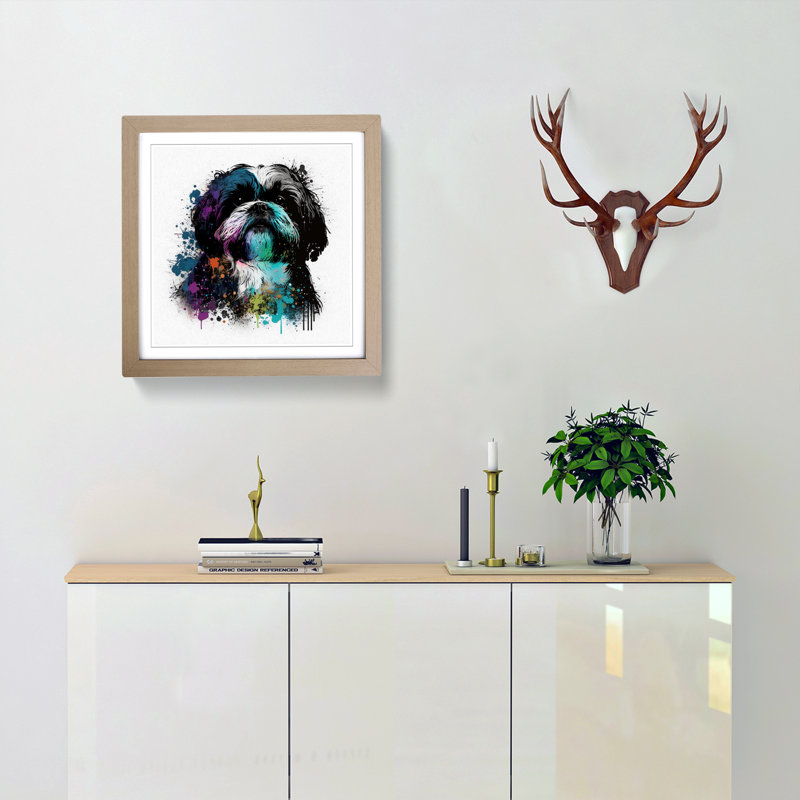 Shih Tzu Splatter Framed Print, Oak