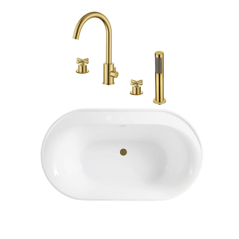 60'' x 32.50'' Freestanding Soaking Acrylic Bathtub, Brushed Brass