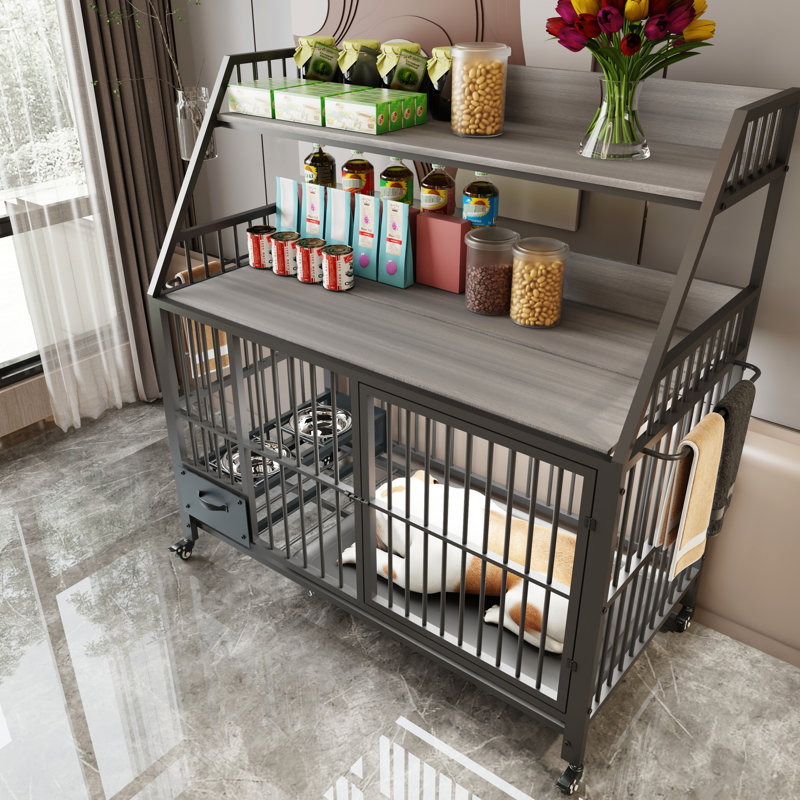Cage en fer pour animaux avec panneaux - 23,19 po Largeur, hauteur 48,2 po, fabrication de planches gris fumée, cuves en acier inoxydable, larges, hautes