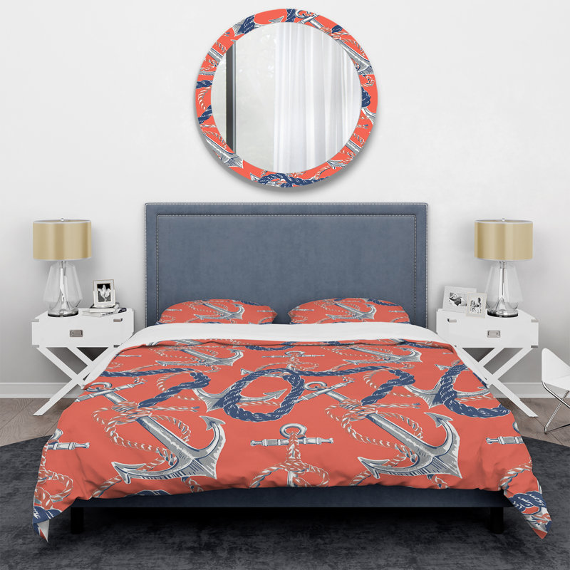 Peach Blue Nautical Anchor II - Nautical Duvet Cover Set, King Duvet Cover + 2 King Pillow Shams