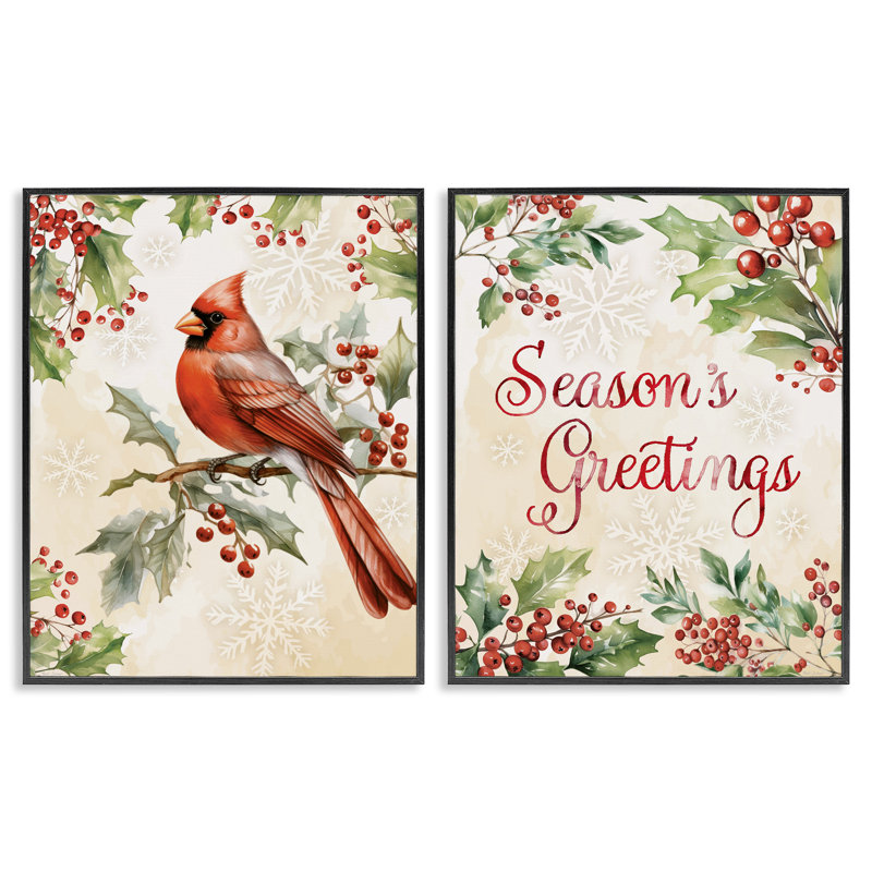 Season's Greetings and Cardinal, ensemble de 2 giclées encadrées, design par Nicole DeCamp, H 20 po x l 32 po