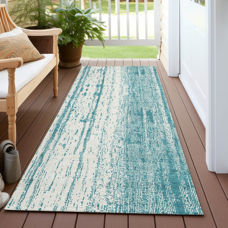 Tapis intérieur / extérieur en polyester tissé à la machine à motif abstrait mâle sarcelle / crème mâle