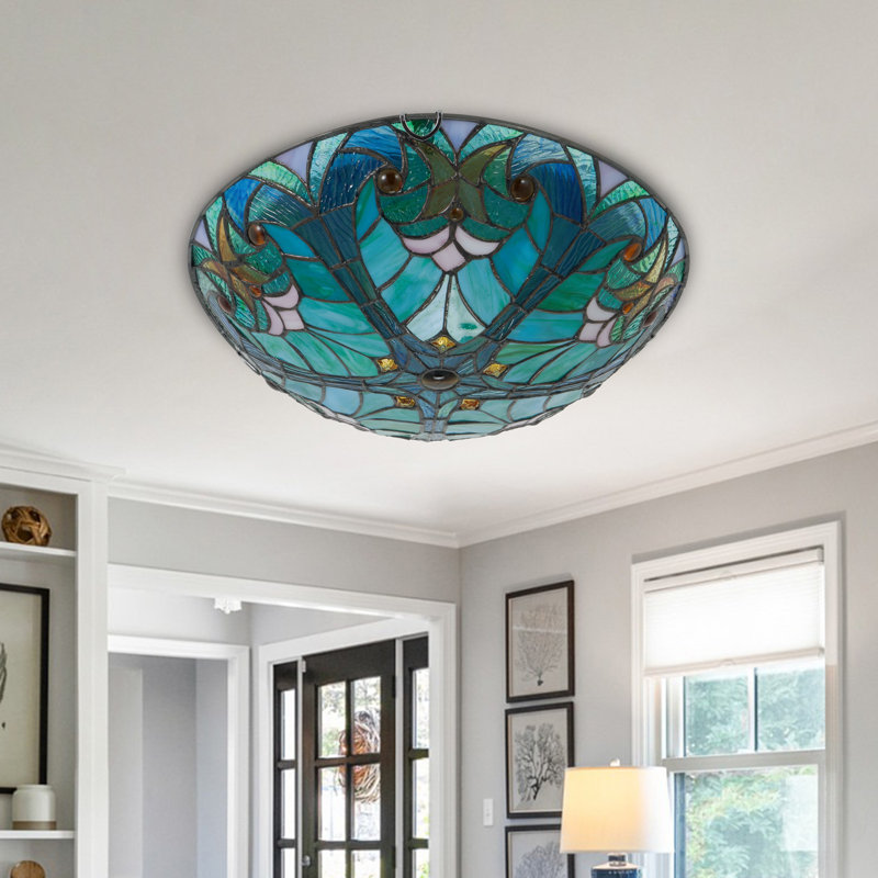 Plafonnier encastré à 3 lumières de 15,8 po de style Tiffany à dôme réglable en verre coloré pour couloir et chambre à coucher