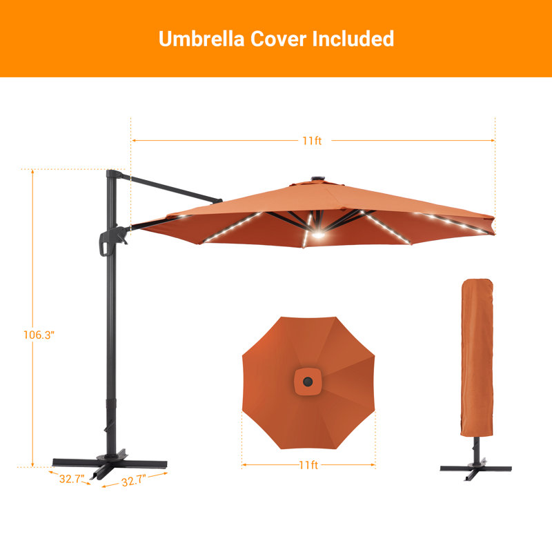 Parasol en porte-à-faux éclairé de 132 po Olufisayo, Orange