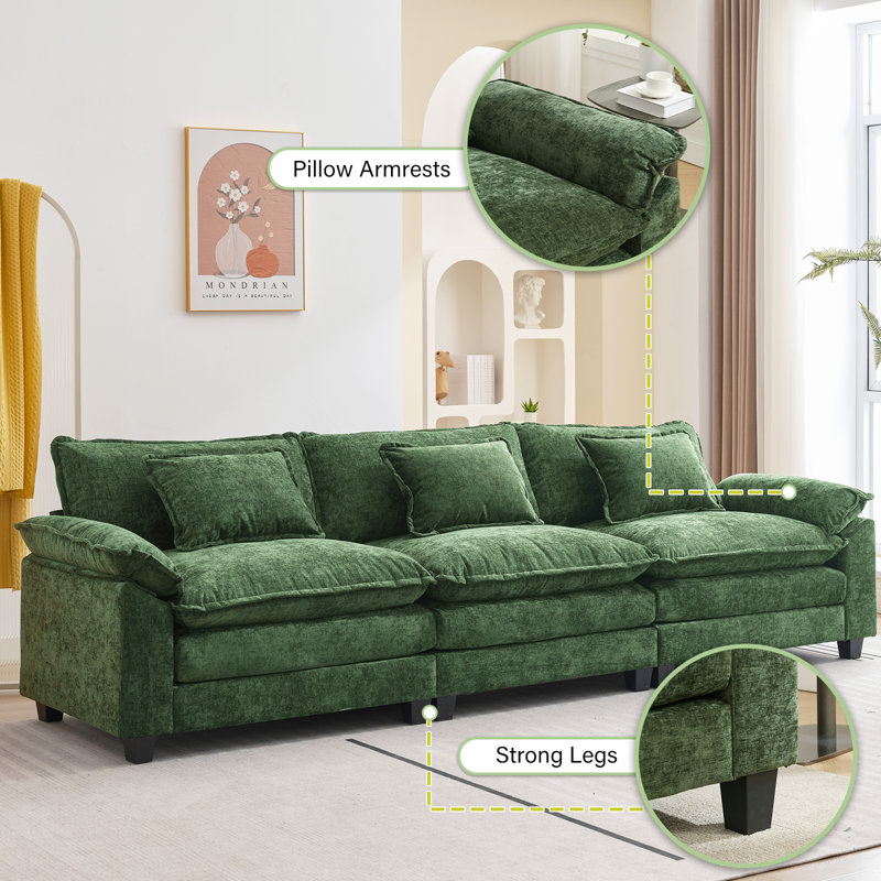Adonia 120“ Comfy Cloud Couch Large Sofa for Living Room Bedroom, Green Chenille