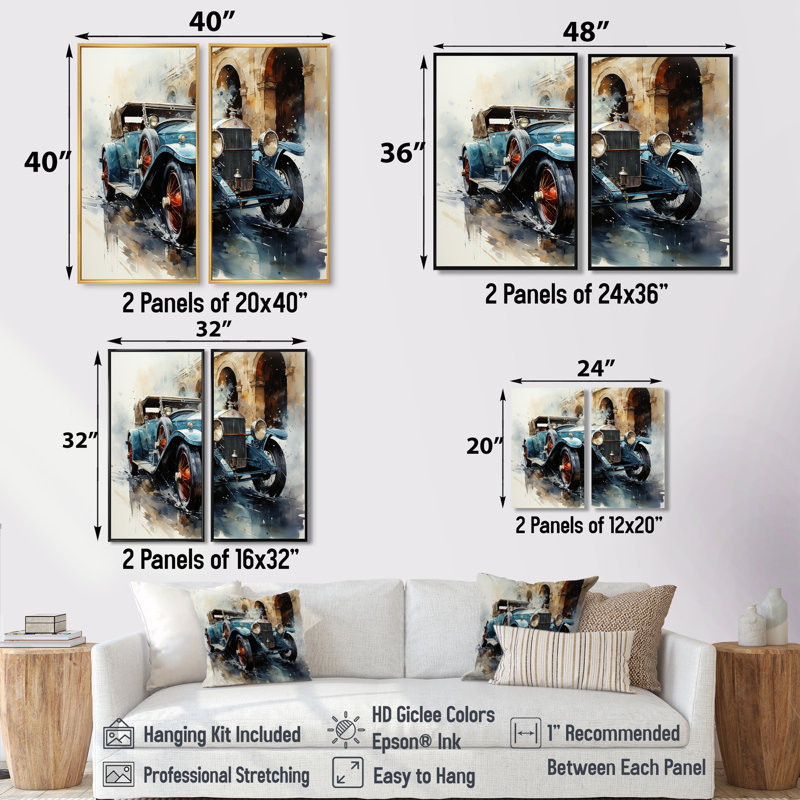 Une aquarelle capturant une voiture rétro - décoration murale rétro surdimensionnée, H 36 po x l 48 po, Noir