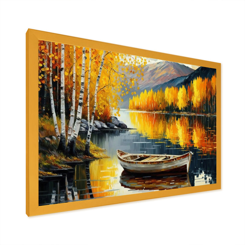 Petit bateau sur un lac en automne III - reproduction sur toile, H 16 po x l 32 po x P 1 po, Encadrement doré