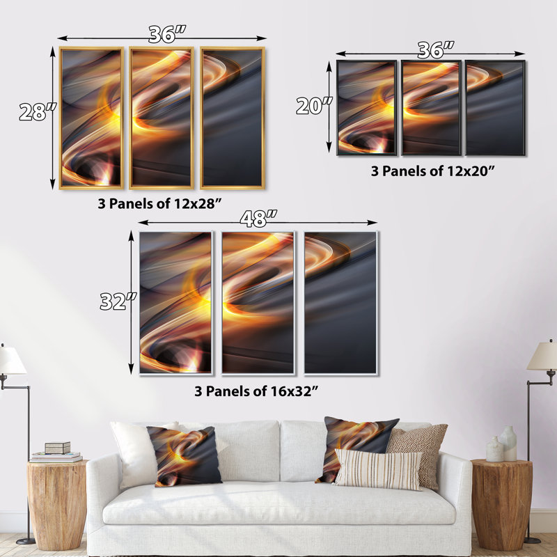 «Yellow Grey Light Art», ensemble de 3 toiles abstraites encadrées sur toile, H 20 po x l 36 po x P 1 po, Blanc