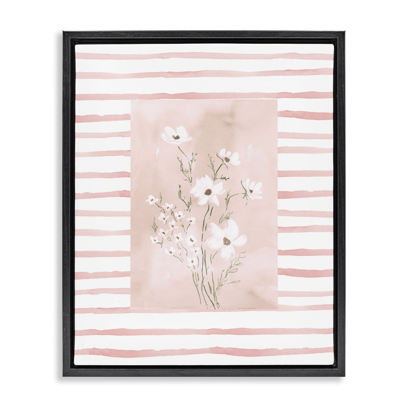 Cadre flottant White Cosmos sur rayures roses, design par Lucille Price, Cadre flottant noir de jais, H 21 po x l 17 po