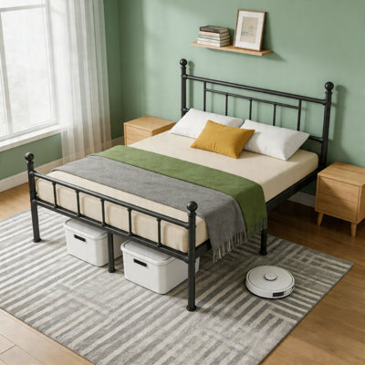 14''Full Size Bed Frame, Metal Platform Bed Frame With Headboard & Hemisphere Ball Joint Connection, Heavy Duty Steel Slats Support, No Box Spring Needed, Black
