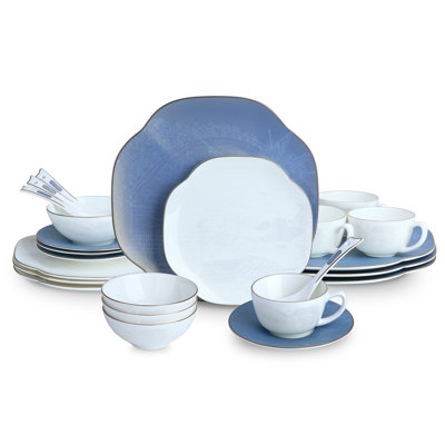 Service de table en porcelaine bleue pour 4 personnes, assiettes et bols en porcelaine bleue pour 4 personnes, avec un beau motif, très résistant aux ébréchures et aux fissures | Ensemble de vaisselle allant au lave-vaisselle (bleu foncé + motif)