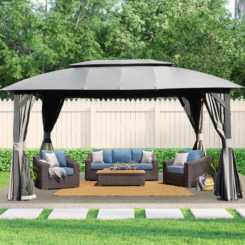 Pavillon de jardin 10 x 14 pi, gris Double ventilation sur le toit, filet. Structure en métal robuste. . Spacieux pour 6 à 8 personnes. Cour arrière, utilisation de la terrasse - Toit ventilé, tissu. Pour le patio,