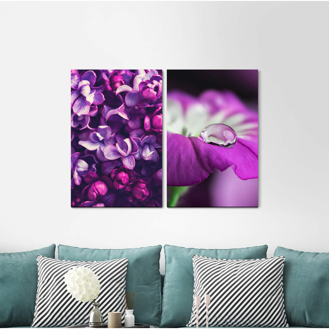 2-tlg. Leinwandbilder-Set Flowers Blossoms Water Drops Violet Bouquet Orchid