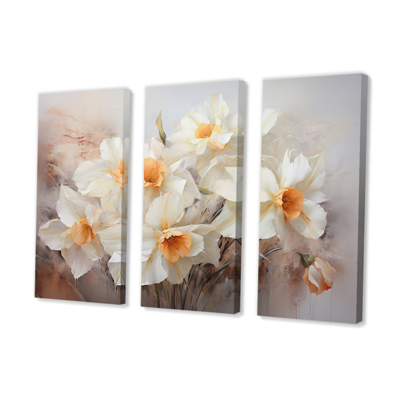 Minimalisme blanc et orange jonquilles Blossom - ensemble de décorations murales jonquilles, H 32 po x l 48 po x P 1 po