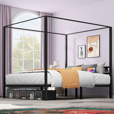 Purwin Metal Canopy Bed with Built In USB Port