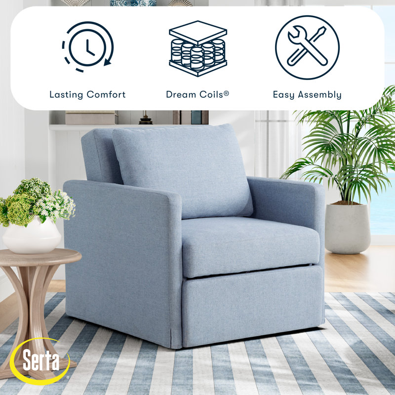 Serta Bonnie 39" Convertible Accent Chair, Dream Coil Comfort, Easy Assembly, Blue Polyester