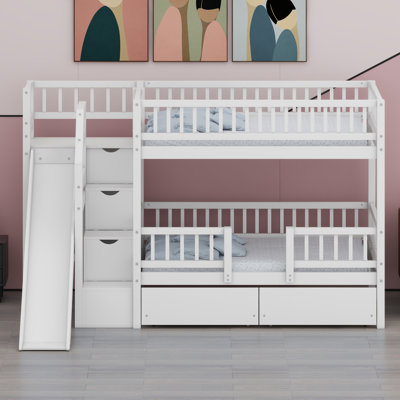 Space-Saving Bunk Bed with Built-in Storage Staircase and Under-Bed Drawers
