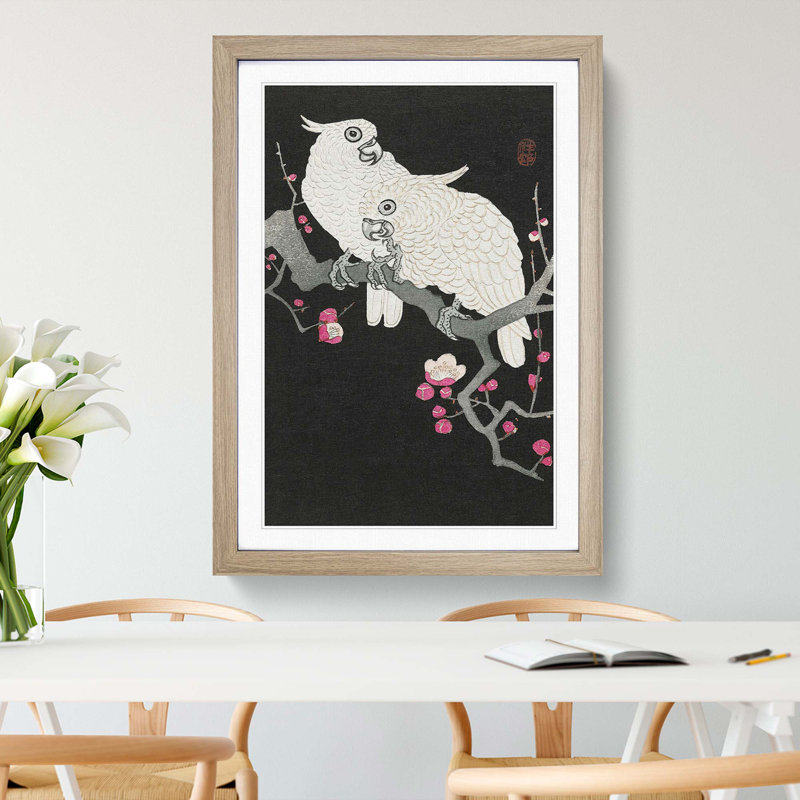 Plum Blossom Tree with Two Cockatoos by Ohara Koson - Picture Frame Painting Print on MDF, Oak, 50cm H x 35cm W x 2cm D