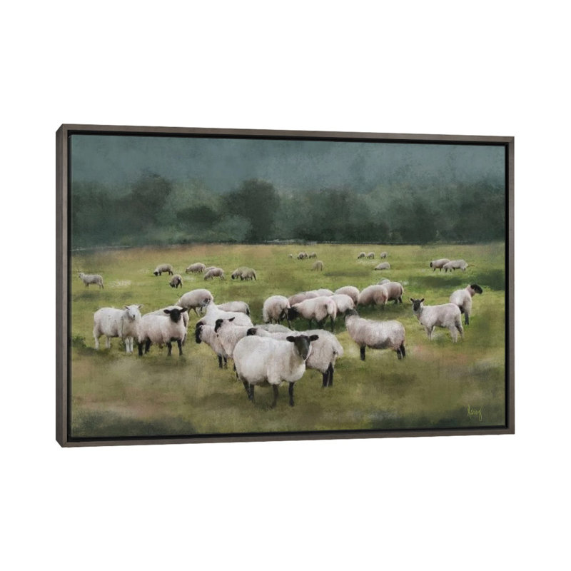 Moody Sheepscape, Dark Rustic Wood Floater Framed Canvas, 18" H x 26" W x 1.5" D, No Mat